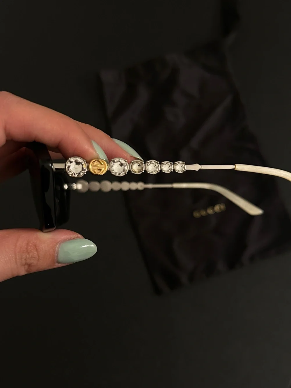 Gucci Black Sunglasses with Gold Logo and Silver Rhinestone Accent